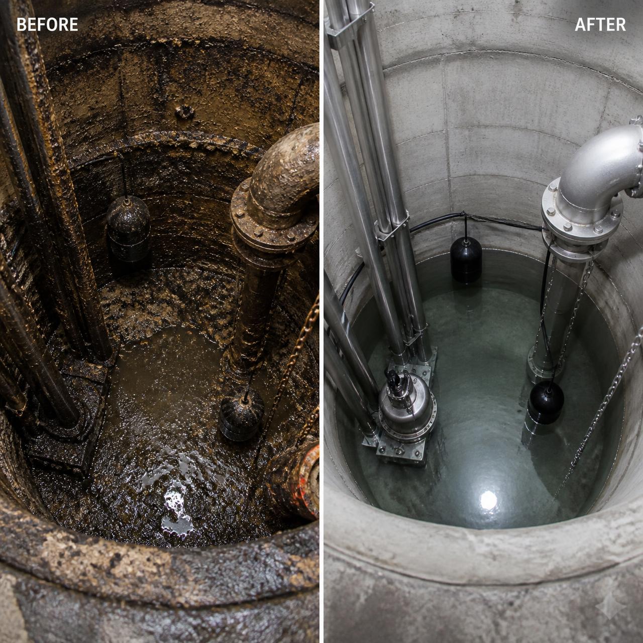 Sewer ejector pit before and after Luften Lift Station Max treatment — grease and scum eliminated