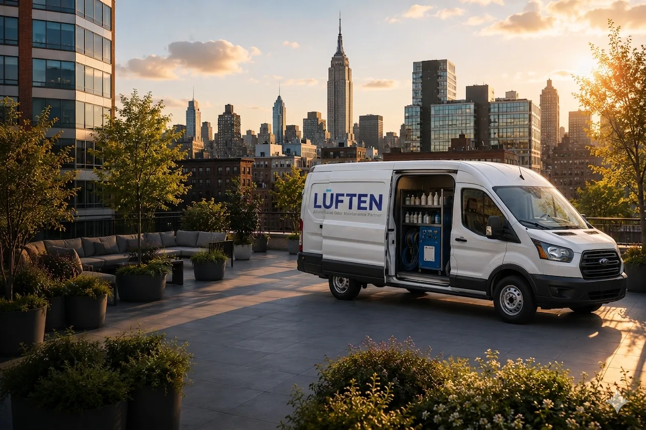 Luften service van on a city rooftop at sunset