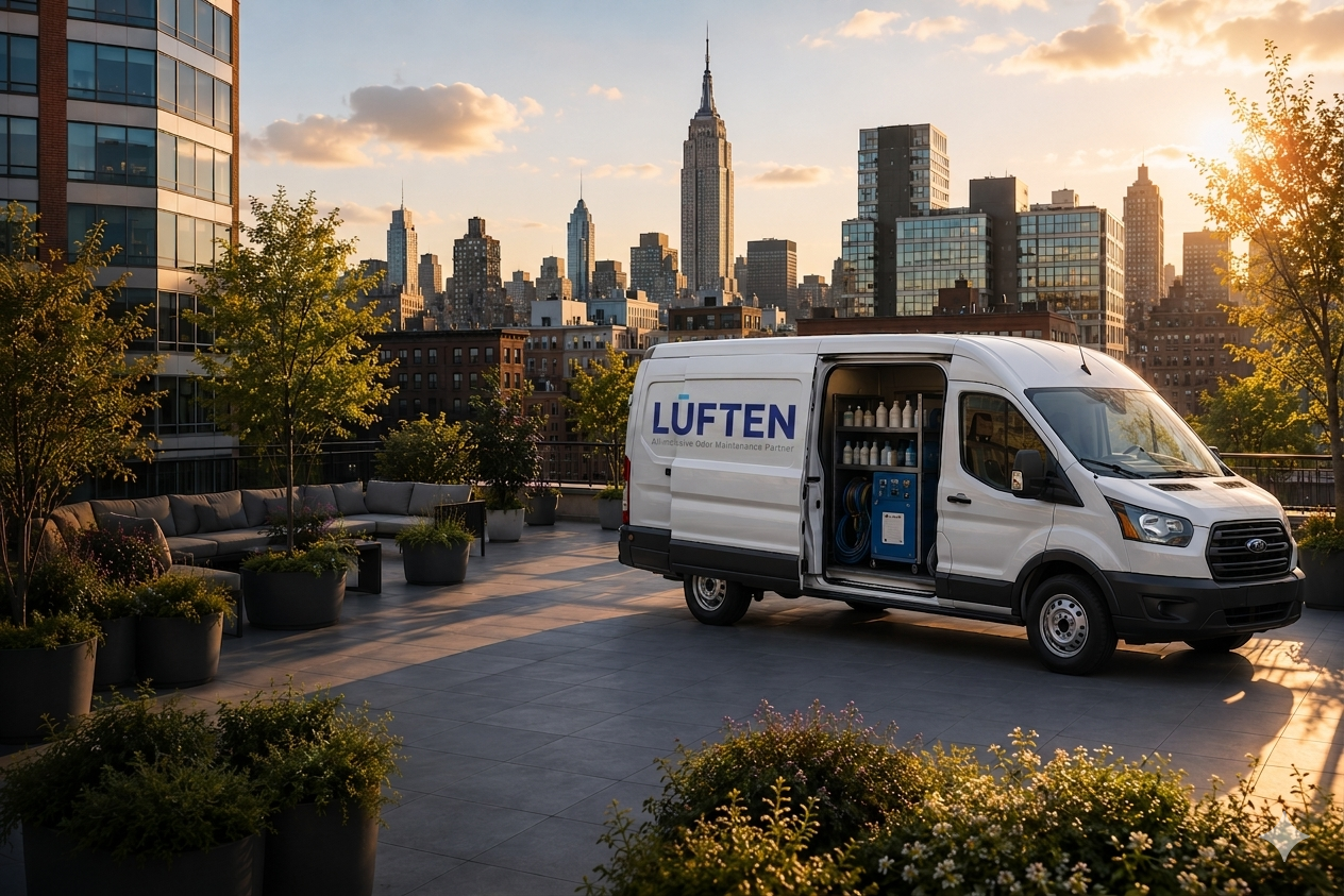 Luften service van on a city rooftop at sunset